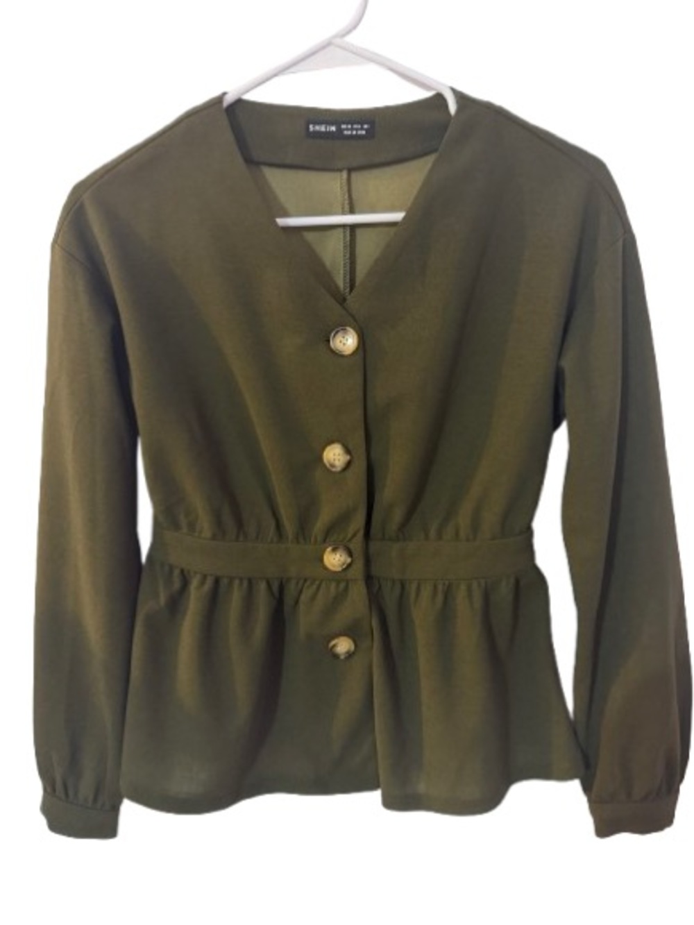 SHEIN Olive Green,Button-Front,V-Neck,Cinched Waist,Peplum Blouse Size XS